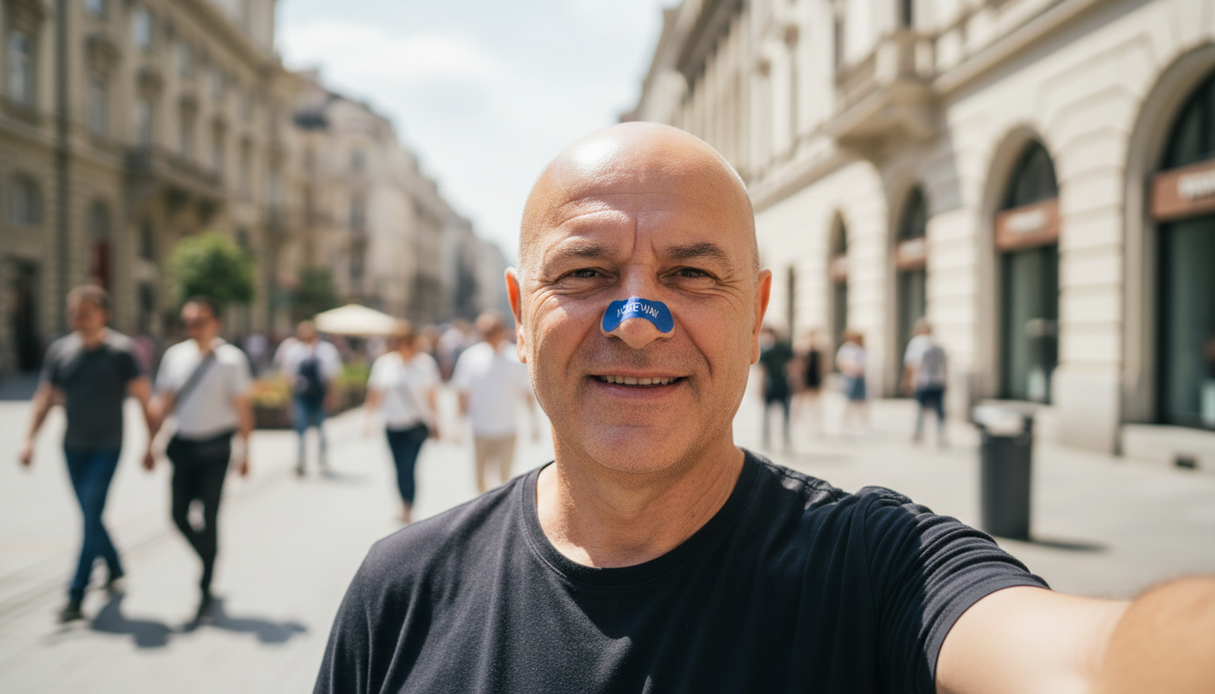 Мъж 59г с Noseway лепенка на улицата